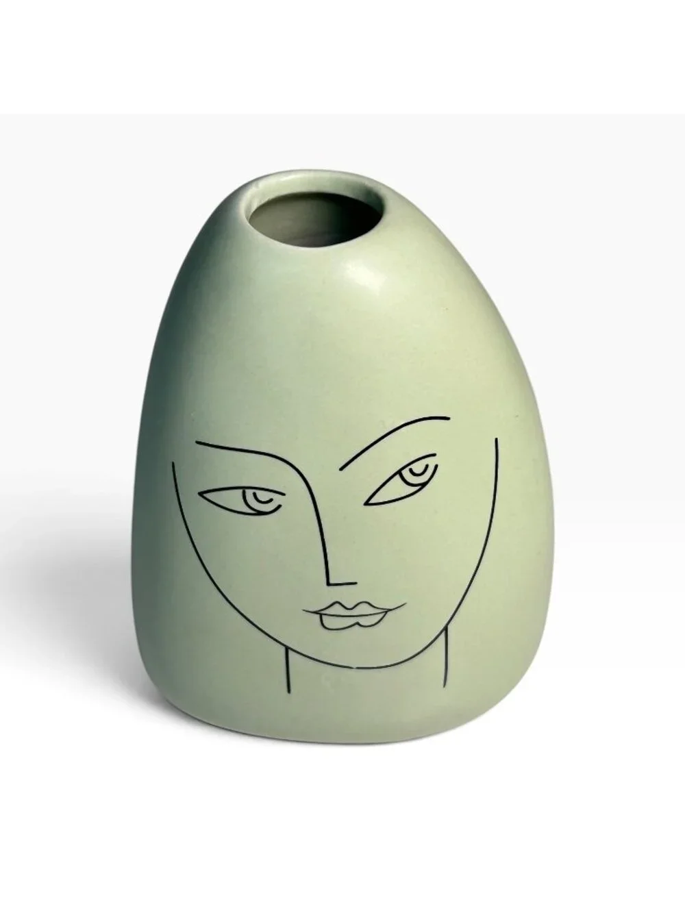 Mid Century Modern Green Ceramic Face Vase Abstract Line Art Portrait Decor 5.5